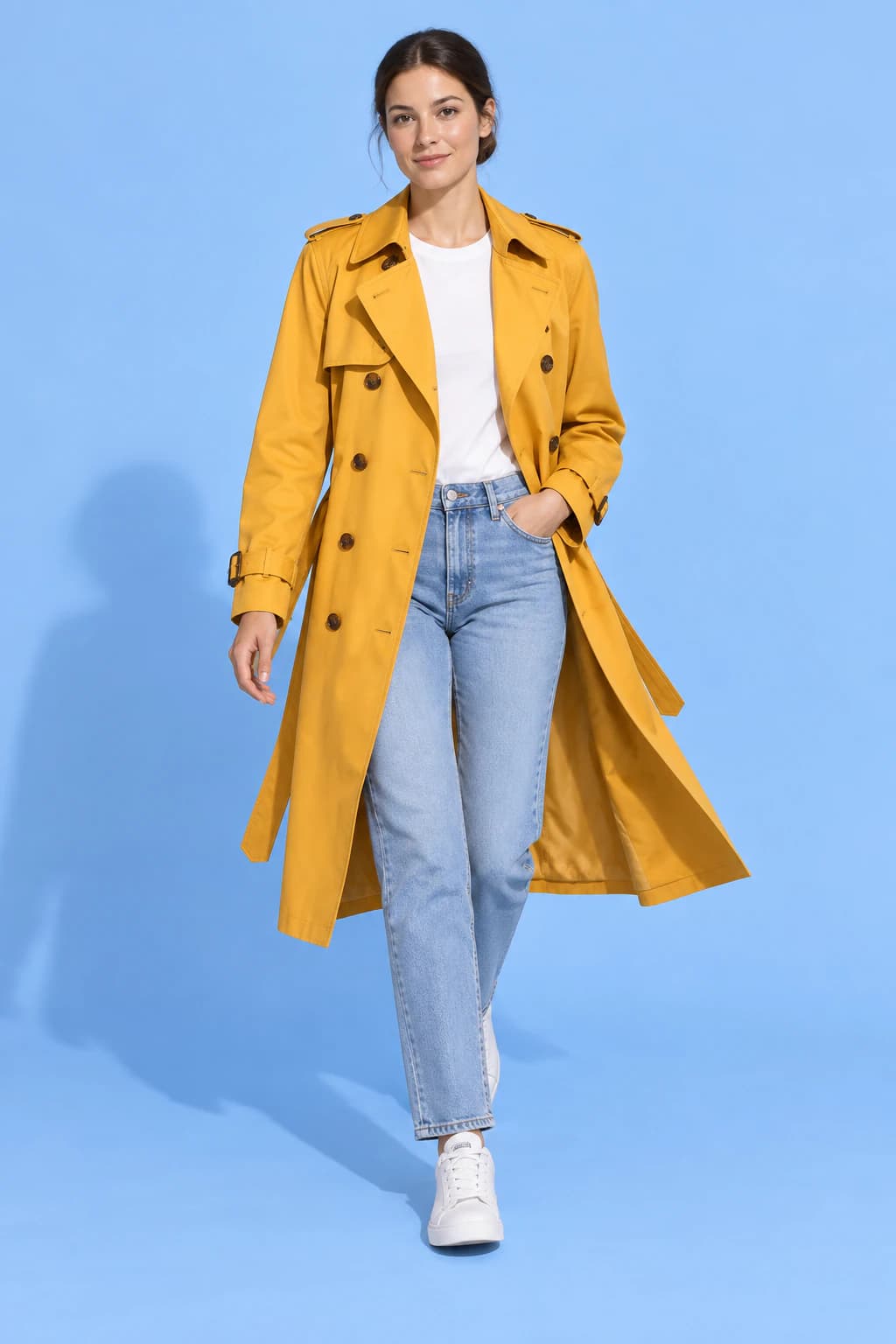 Model walking in a marigold double-breasted trench coat on a sky-blue backdrop