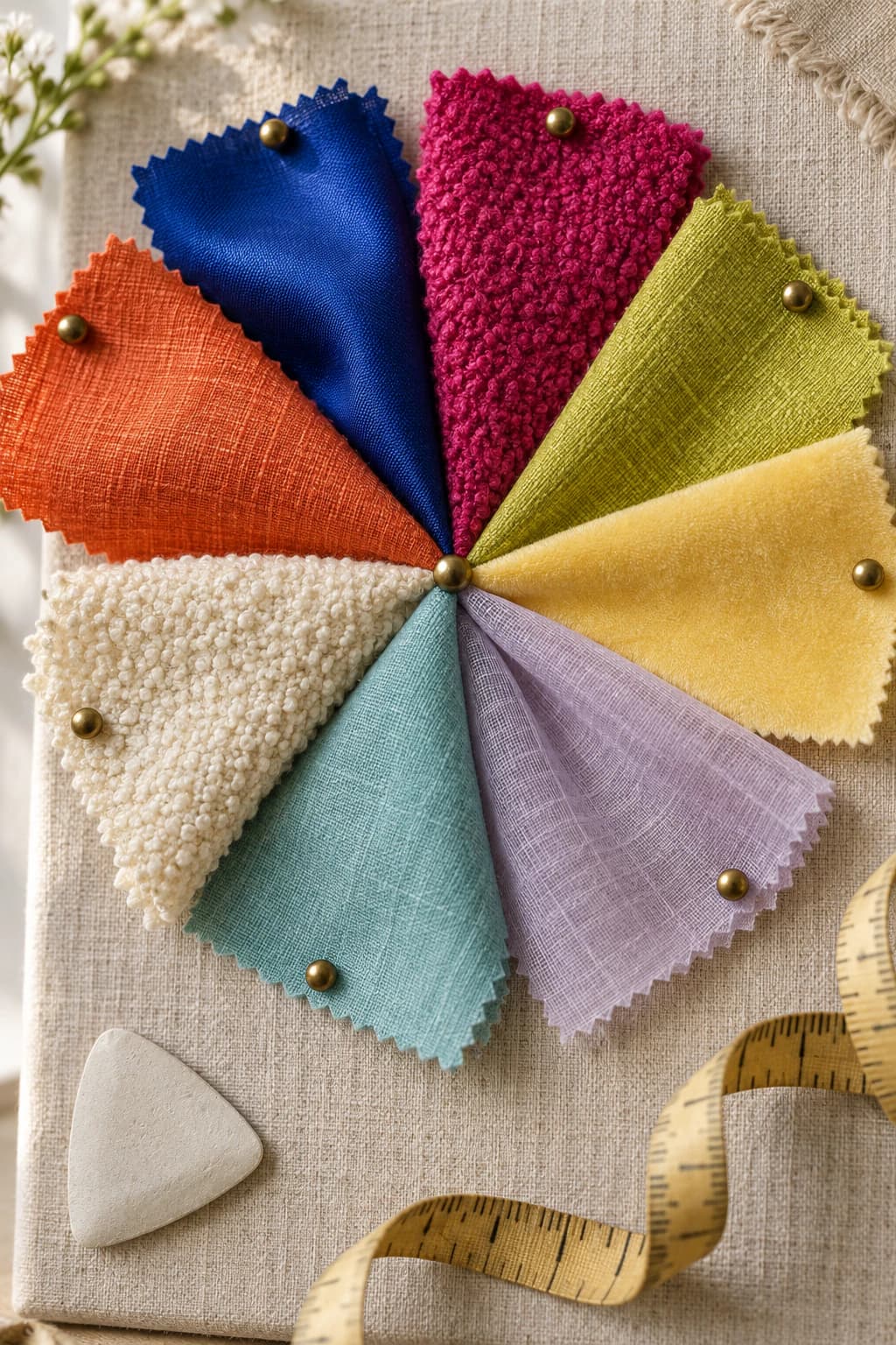 Fan of fabric swatches in tangerine, cobalt, fuchsia, chartreuse and butter pinned to a linen board