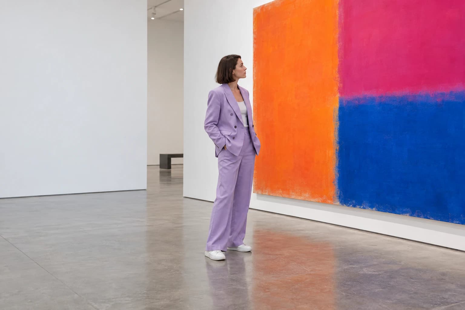 Model in a lilac suit in a white gallery in front of a giant colour-field painting