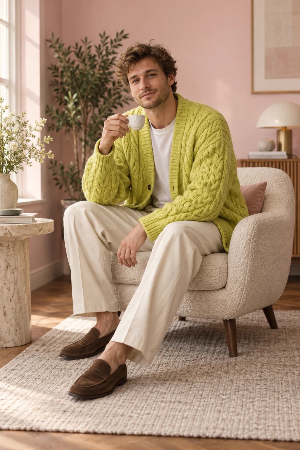 Male model in a chartreuse cable-knit cardigan seated in a blush-pink room