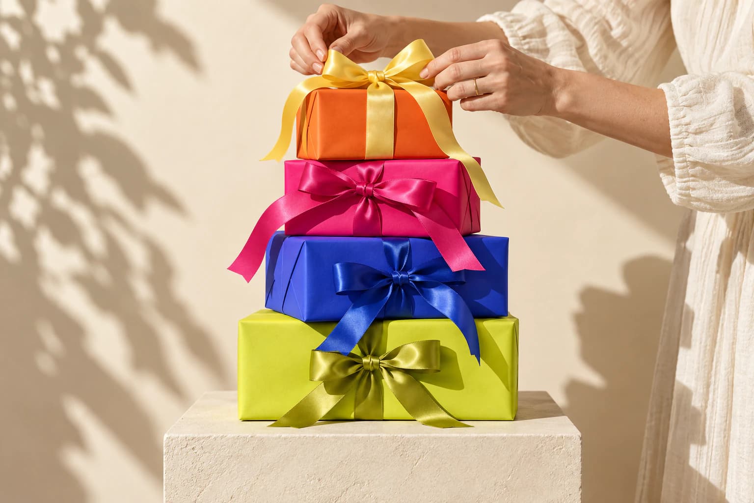 Stack of gift boxes wrapped in tangerine, fuchsia, cobalt and chartreuse paper with silk ribbons