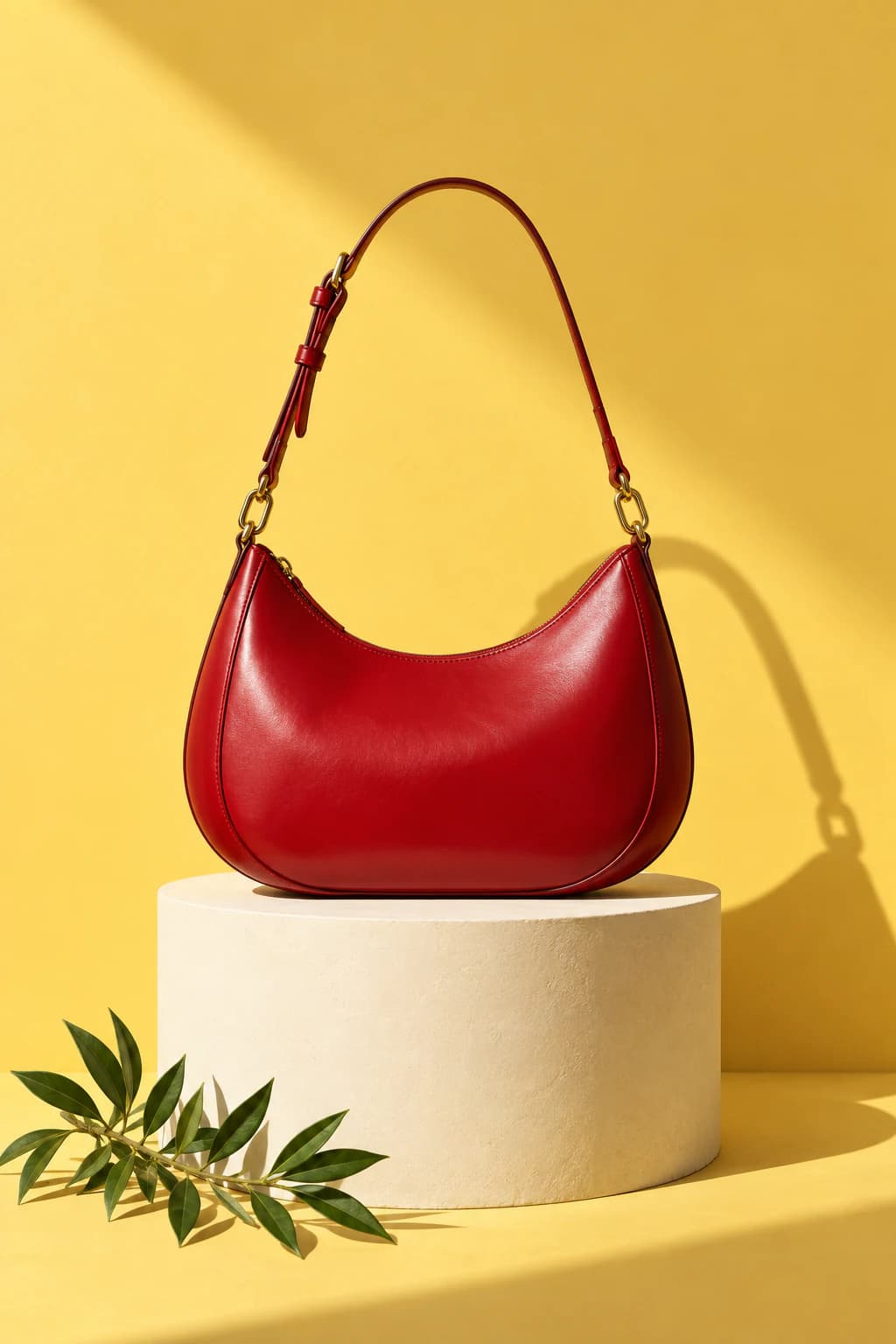 Glossy cherry-red leather shoulder bag with gold hardware on a sculptural plinth